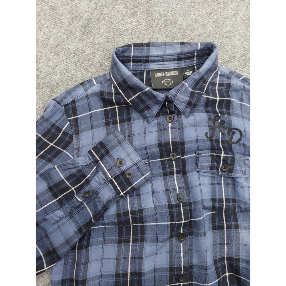 Harley Davidson Shirt Womens Small Purple Black Plaid Button Up Embroidered Logo